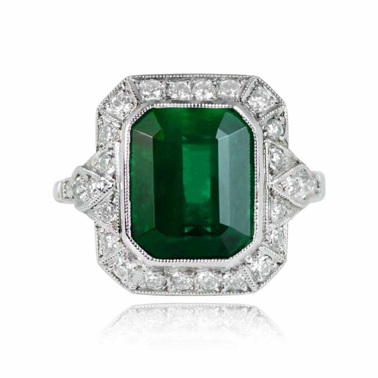 Platinum GIA 4.32ct Emerald and Diamond Halo Medellin Ring