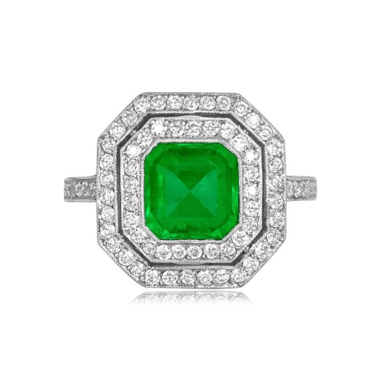 1.52ct Emerald and Double Halo Platinum Ring