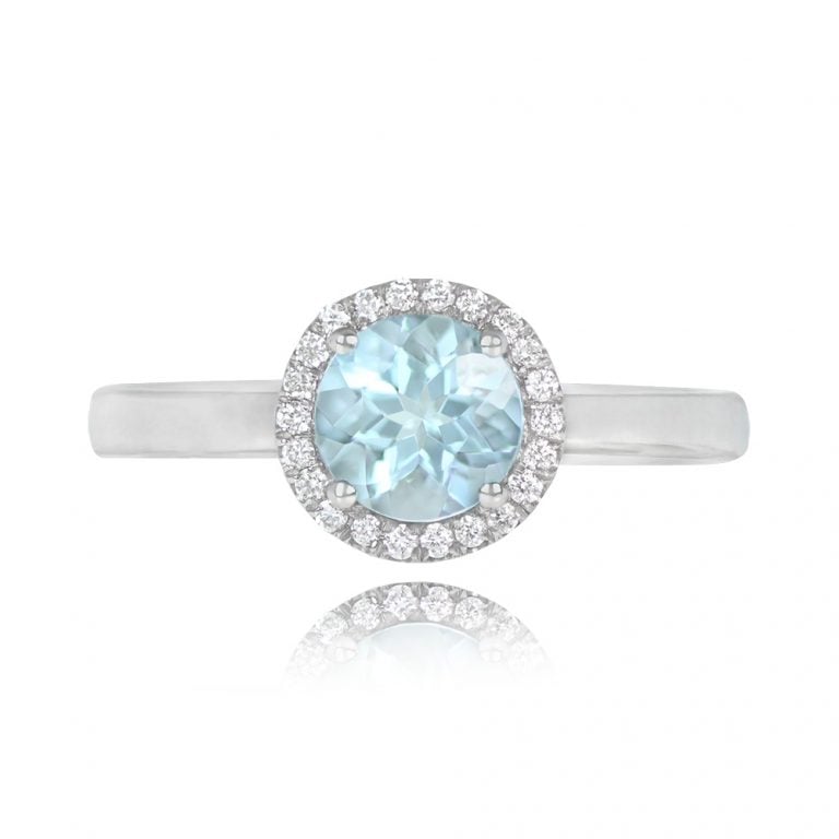 Round Aquamarine and Diamond Halo Gold Ring