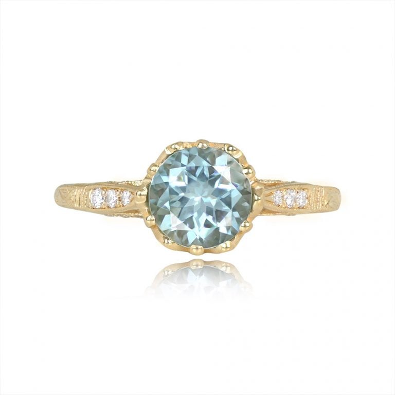 Round Aquamarine and 18k Yellow Gold Crown Seaford Ring
