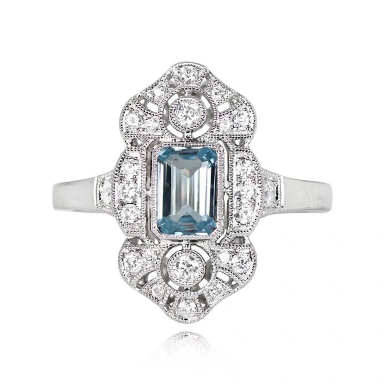 Aquamarine and Diamond Elongated Platinum Vineland Ring