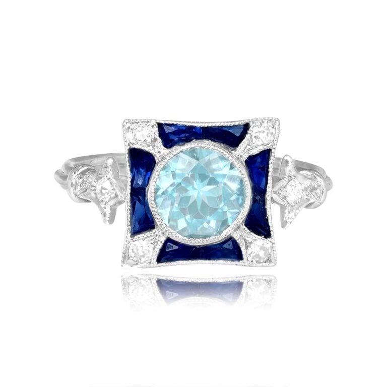Geometric Aquamarine and Sapphire Halo Fort Collins Ring