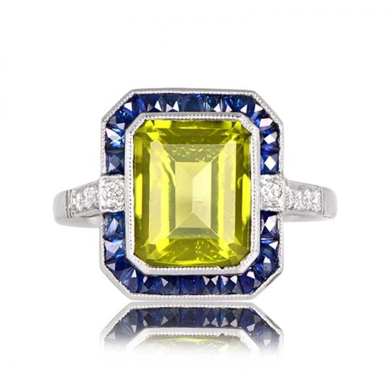 3.72ct Peridot and Sapphire Halo Platinum Chaseley Ring