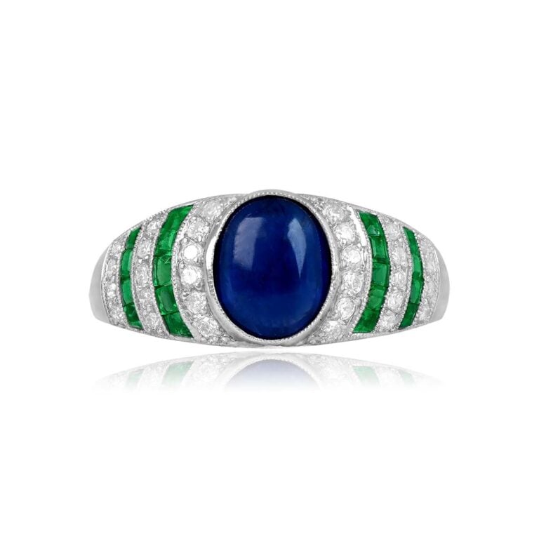 1.89ct Cabochon Sapphire Platinum and Emerald Accent Bonhomme Ring