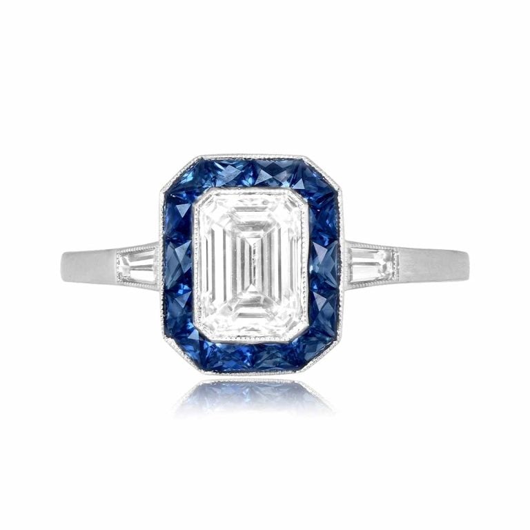 GIA 1.01ct Emerald Cut Diamond Sapphire Halo Atwood Ring