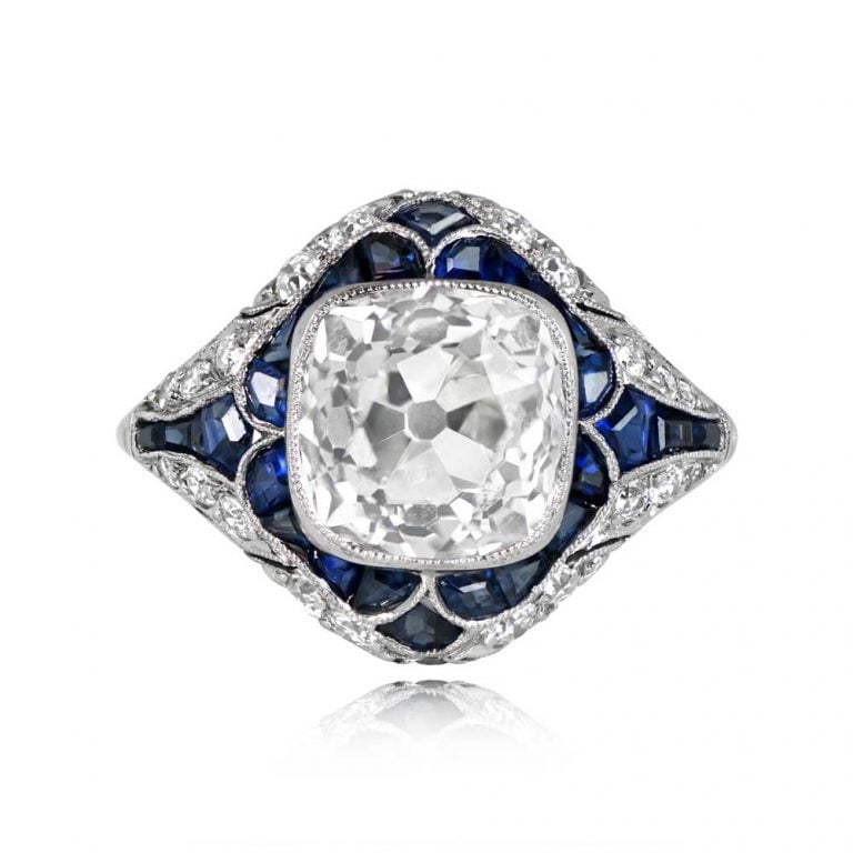 3.38ct Antique Cushion Cut Diamond and Sapphire Tournus Ring