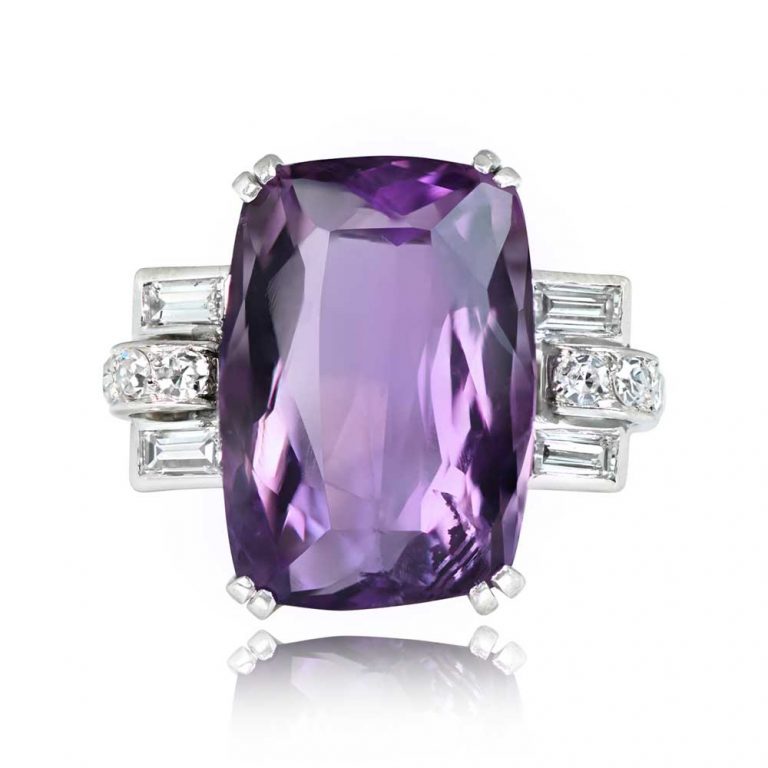 Vintage Platinum Cushion Cut Amethyst Ring. Uxbridge Ring, Circa 1945