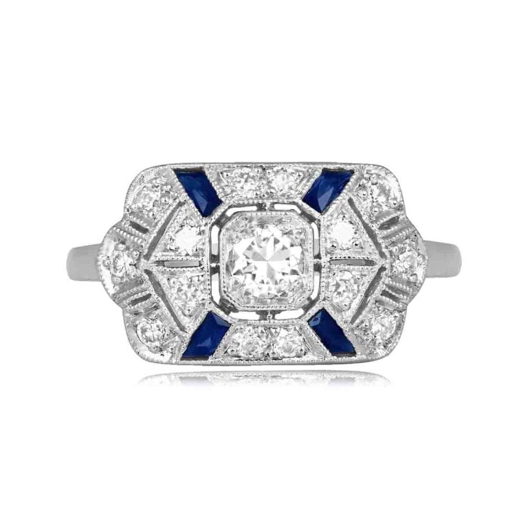 Geometric Deco Style Diamond and Sapphire Fairbank Ring