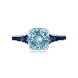 round aquamarine center with french cut sapphires on shoulder Bellport Ring 15974