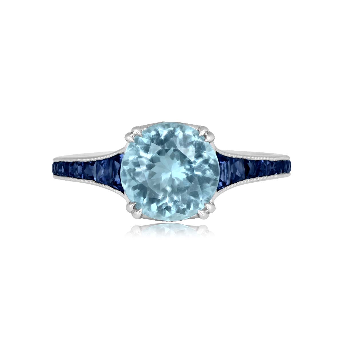 Stacked from 15 images. Method=C (S=1) round aquamarine center with french cut sapphires on shoulder Bellport Ring 15974
