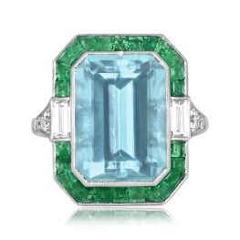 center emerald cut aquamarine with emerald and diamond halo Oceanside Ring 16026