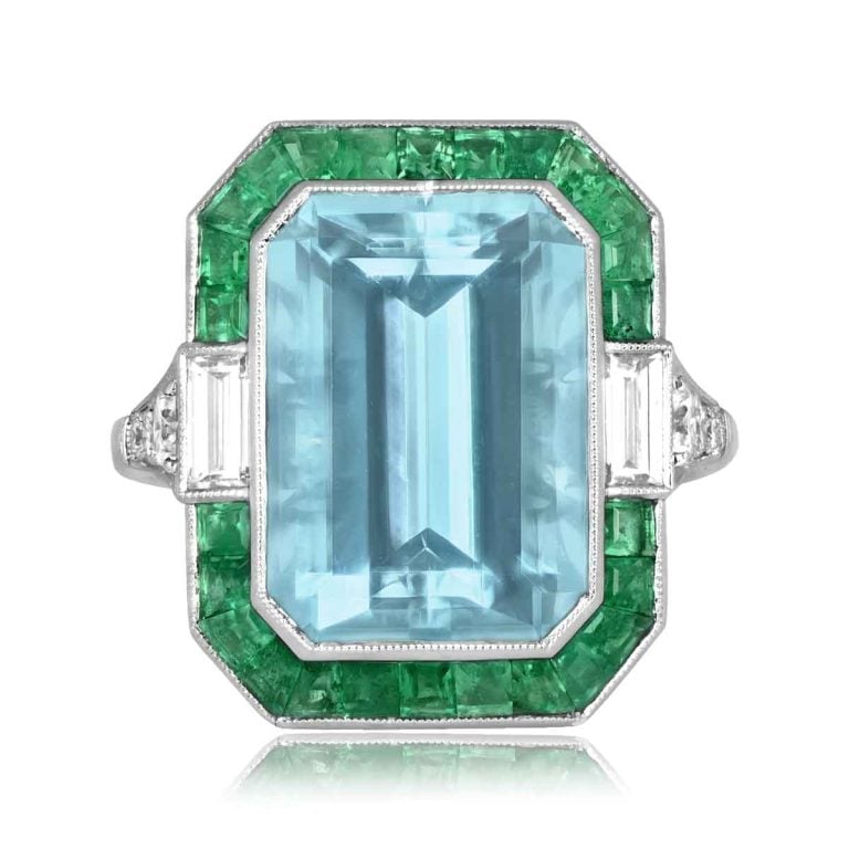 6.36ct Aquamarine and Emerald Halo Oceanside Ring