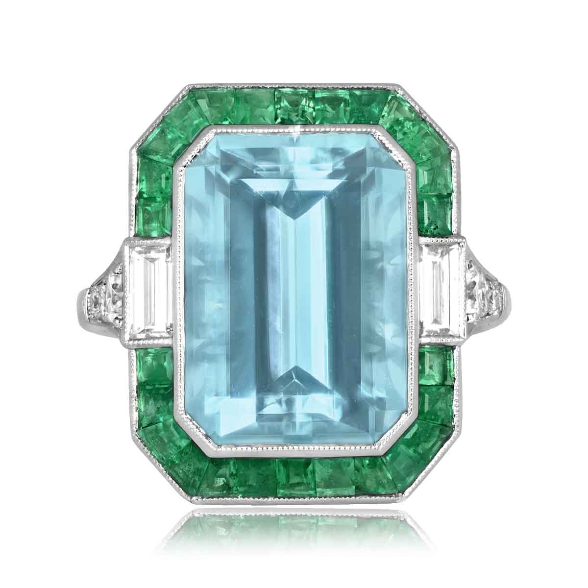 Stacked from 27 images. Method=C (S=1) center emerald cut aquamarine with emerald and diamond halo Oceanside Ring 16026