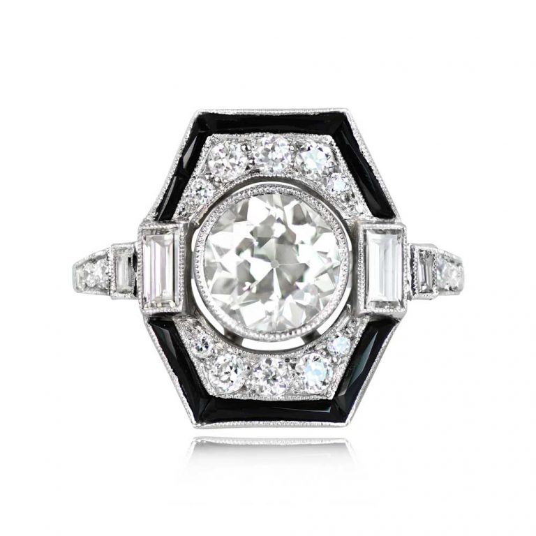 1.06 Carat Diamond and Onyx/Diamond Halo Platinum Geneva Ring
