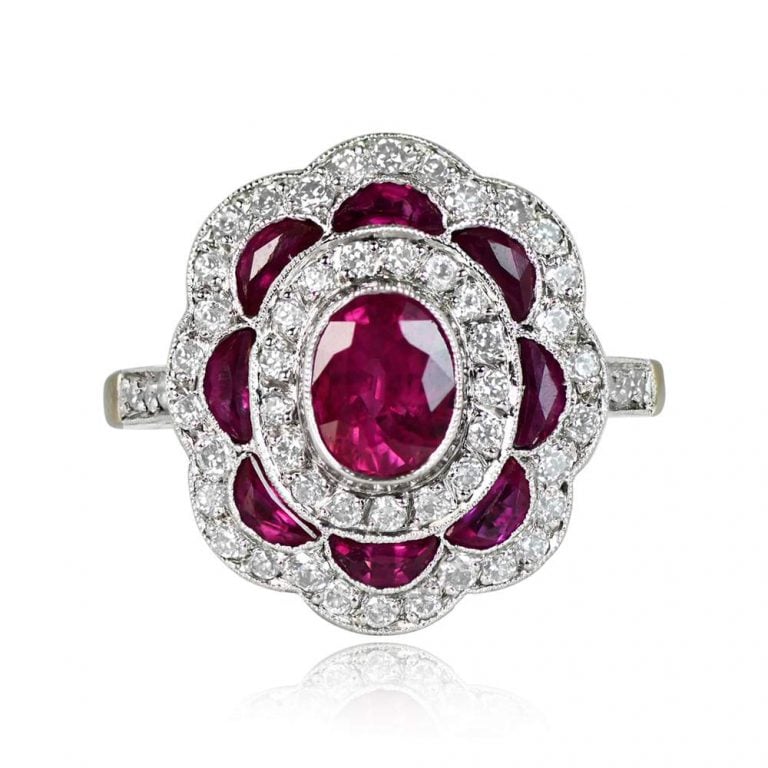 GIA 1.04ct Oval Cut Burma Ruby Floral Halo Ring. Baltimore Ring