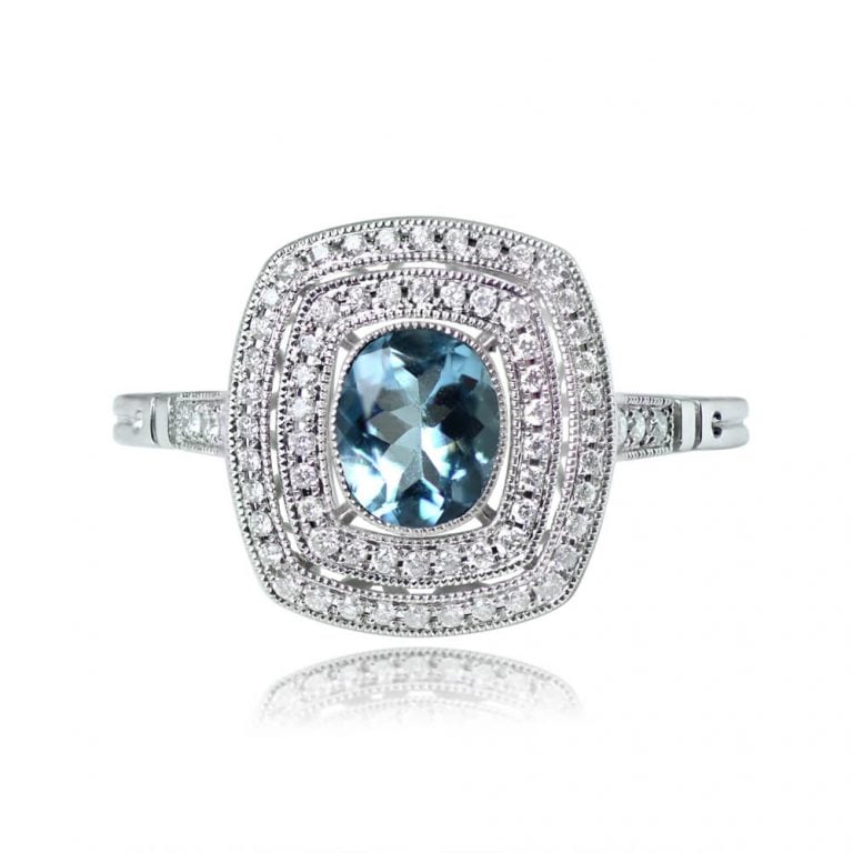 Aquamarine and Double Halo Platinum Roosevelt Ring