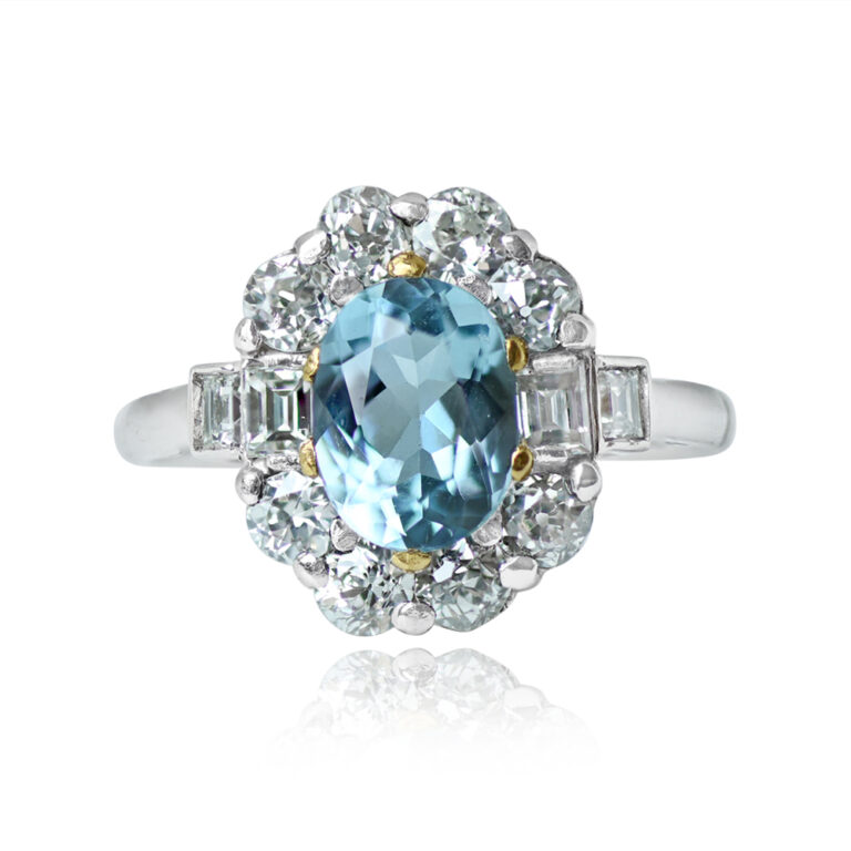Platinum, 1.20ct Aquamarine, and Cluster Halo Plymouth Ring