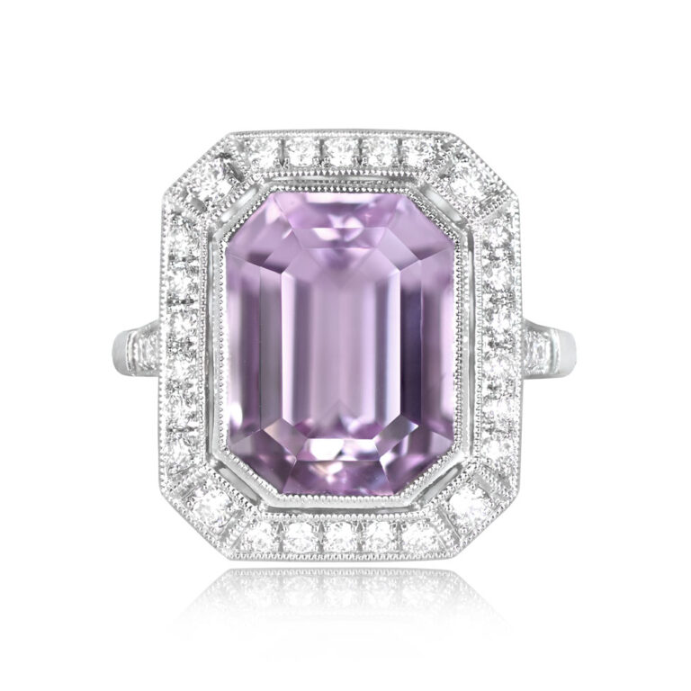7.22ct Emerald-Cut Natural Kunzite Halo Staunton Ring