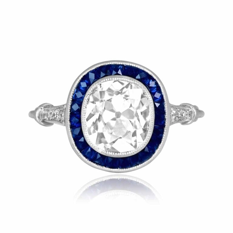 GIA 2.01ct Antique Cushion Cut Diamond and Sapphire Halo Mosley Ring