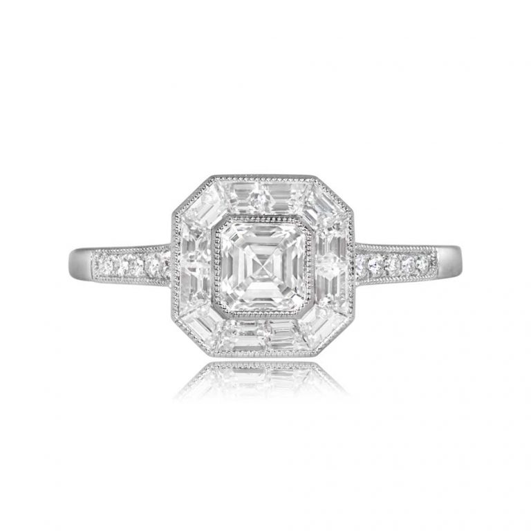 GIA 0.53ct Asscher Cut Diamond and Baguette Halo Platinum Starrett Ring