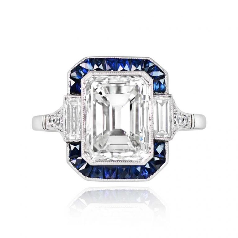 3.05ct Emerald Cut Diamond and Sapphire Halo Ludlow Ring