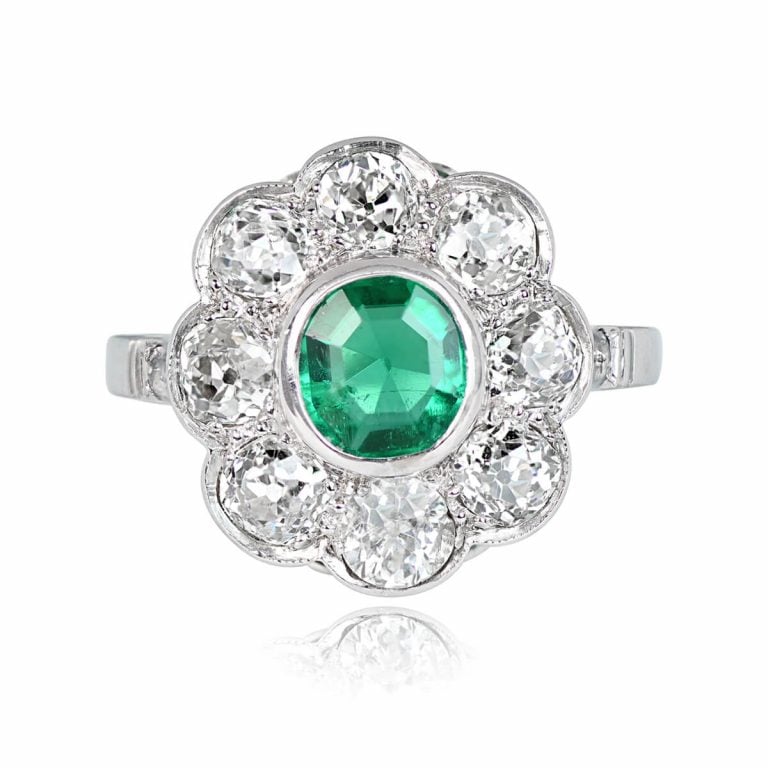 Antique Emerald and Diamond Cluster Verdant Ring. Circa 1915
