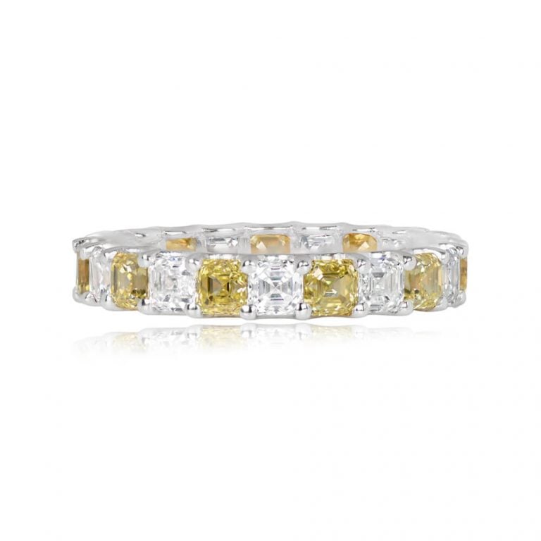Asscher Cut Fancy Yellow and White Diamond Gladstone Band. 3.50mm
