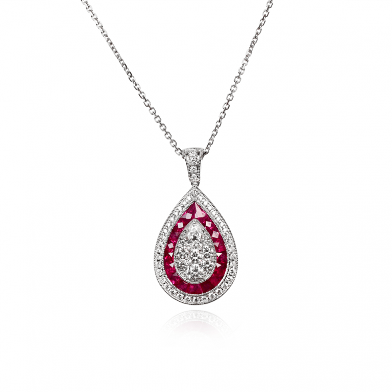 Diamond and Ruby Double Halo Wimbleton Pendant