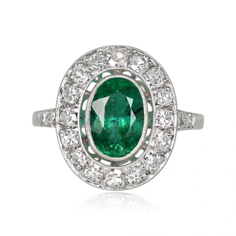 1.39ct Oval Emerald and Diamond Halo Platinum Ring