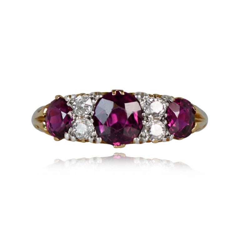 Antique English Ruby and Diamond Bergen Ring. Edwardian Era, Circa 1900