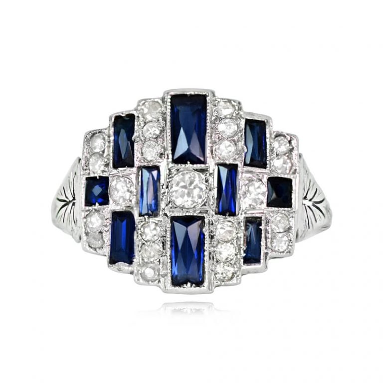 French Art Deco Era Diamond and Sapphire Ambroise Ring, Circa 1920