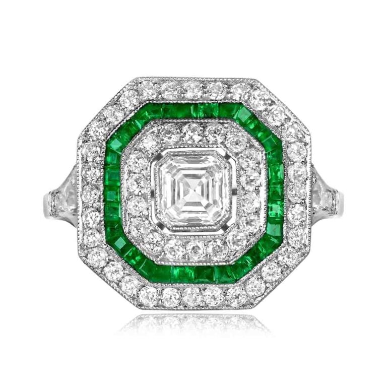 Asscher Cut Diamond and Emerald Halo Vine Ring