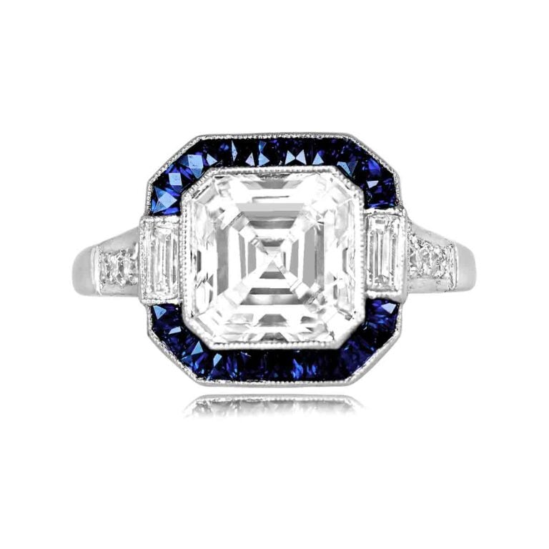 3.08ct Asscher Cut Diamond and Sapphire Halo Caffrey Ring