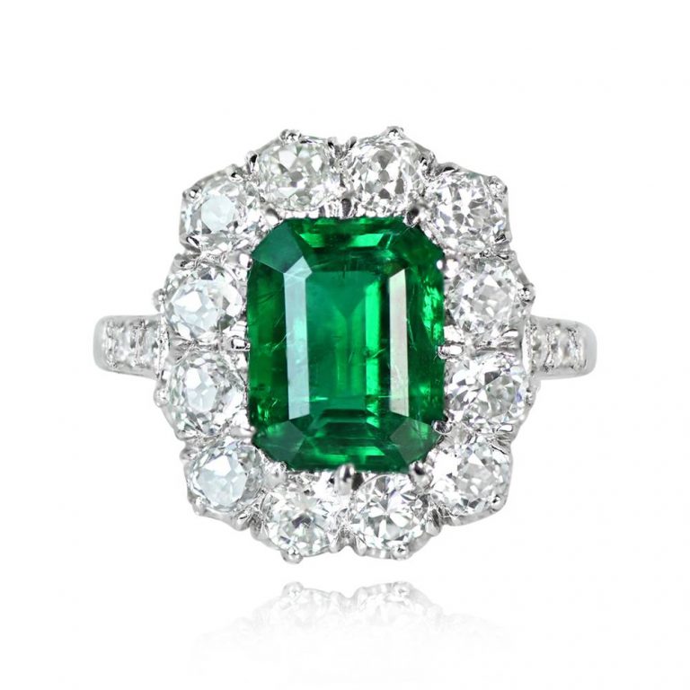 2.18ct Emerald and Diamond Cluster Platinum Reed Ring