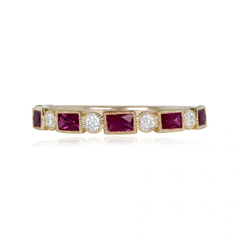 18k Gold, Ruby, and Diamond Bezel Set Half Eternity Bayport Band. 2.5mm