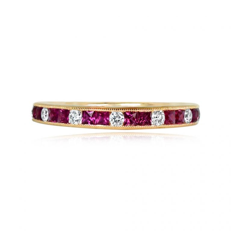 Ruby and Diamond Half Eternity Muliner Band. 2.5mm
