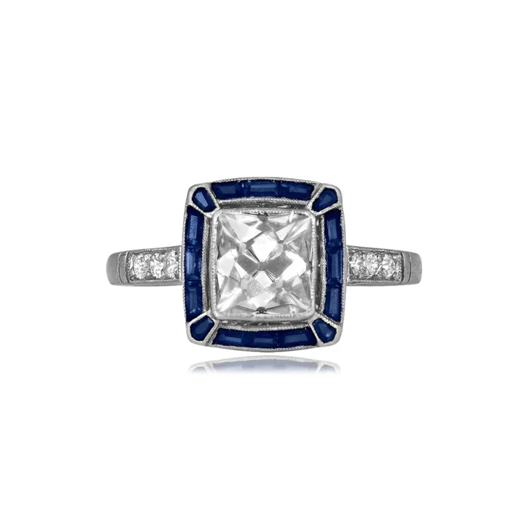 1.69ct Antique French Cut Diamond and Sapphire Halo Chadwell Ring