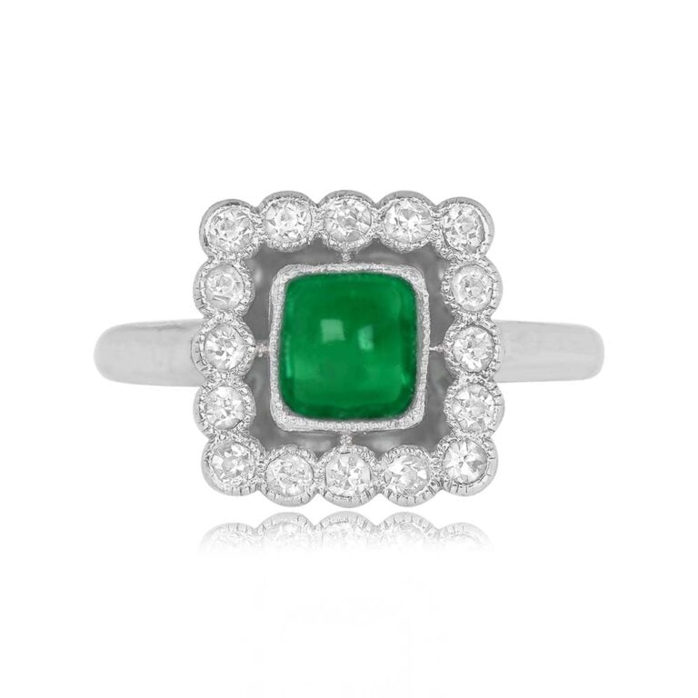 Antique Emerald and Diamond Halo Elmfield Ring. Edwardian Era, Circa 1900
