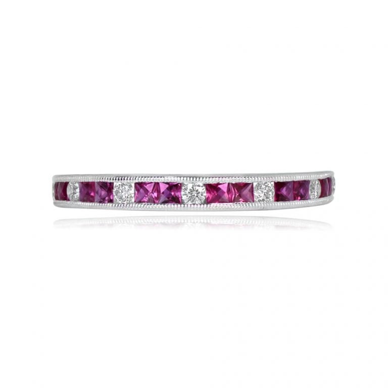 Platinum 2x1 Ruby and Diamond Half Eternity Lakeview Band. 2.6mm