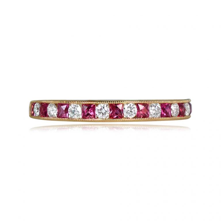 18k Yellow Gold 1x1 Ruby and Diamond Half Eternity Milburne Band. 2.4mm