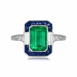 1.89 carat emerald cut center emerald stone with sapphire halo Monsey Ring 15916