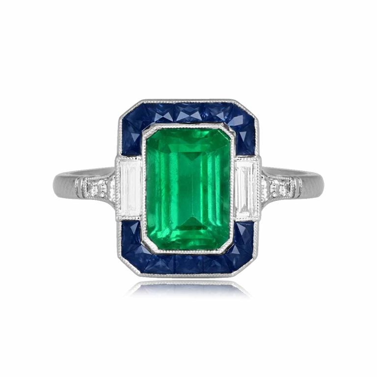 1.89ct Emerald Cut Emerald and Sapphire Halo Monsey Ring