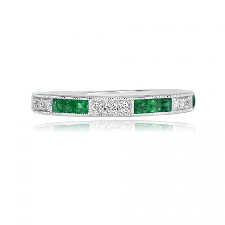 Platinum 3x3 Diamond and Emerald Half Eternity Hamden Band. 2.6mm