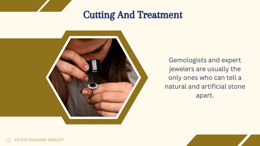 Model using loupe to examine a rare sapphire and diamond ring 