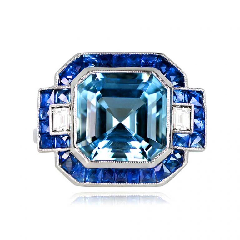 4.80ct Aquamarine and Sapphire Halo Oregon Ring