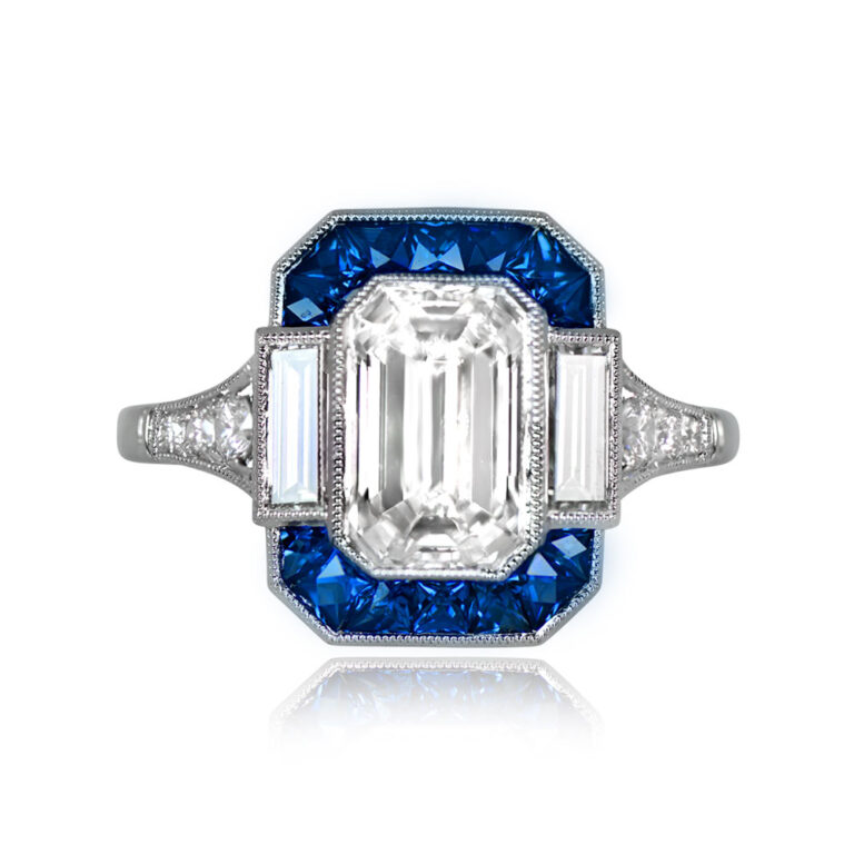 2ct Emerald Cut Diamond, Sapphire Halo, Platinum Wakefield Ring