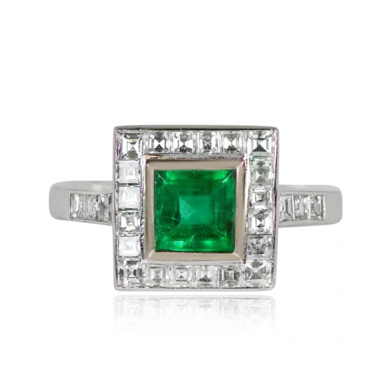 1ct Emerald and Diamond Halo Platinum Carville Ring