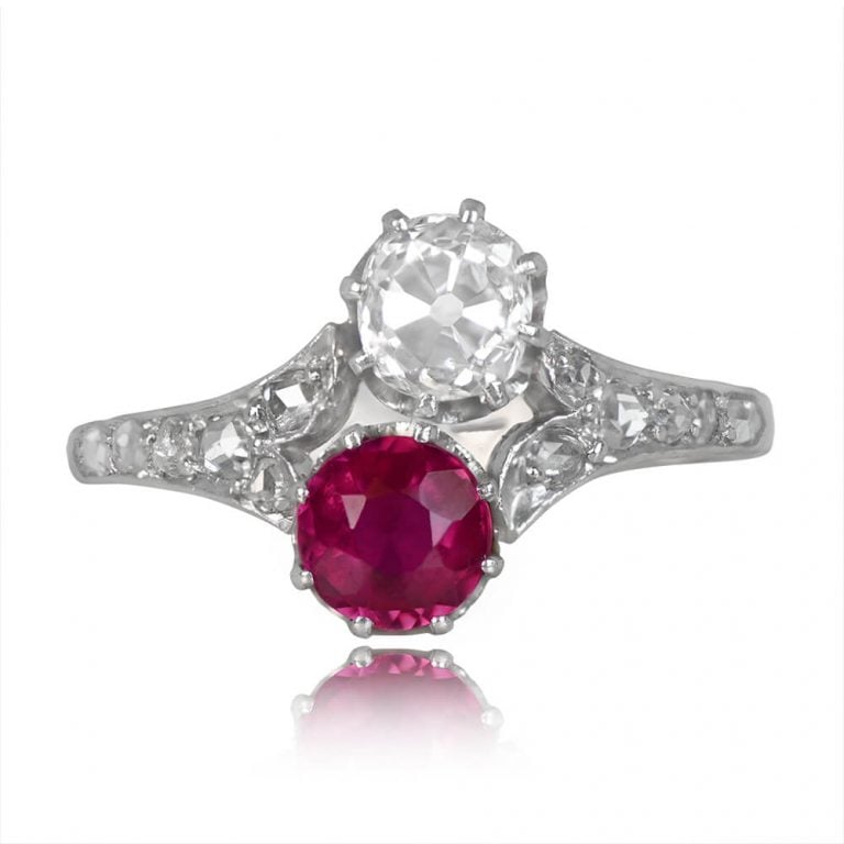 Antique Edwardian Era Two-Stone Diamond Ruby Ring. Belvedere Ring, Circa 1905