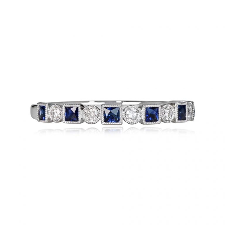 Diamond and Sapphire Bezel Set Platinum Half Eternity Almont Band 2.4mm
