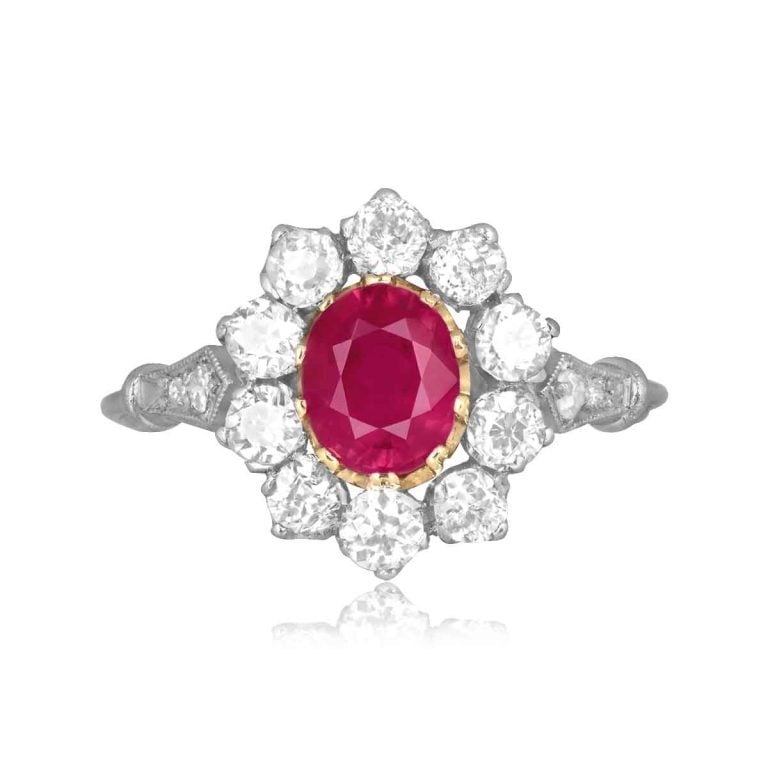 1.15ct Oval Cut Ruby and Diamond Cluster Durbin Ring
